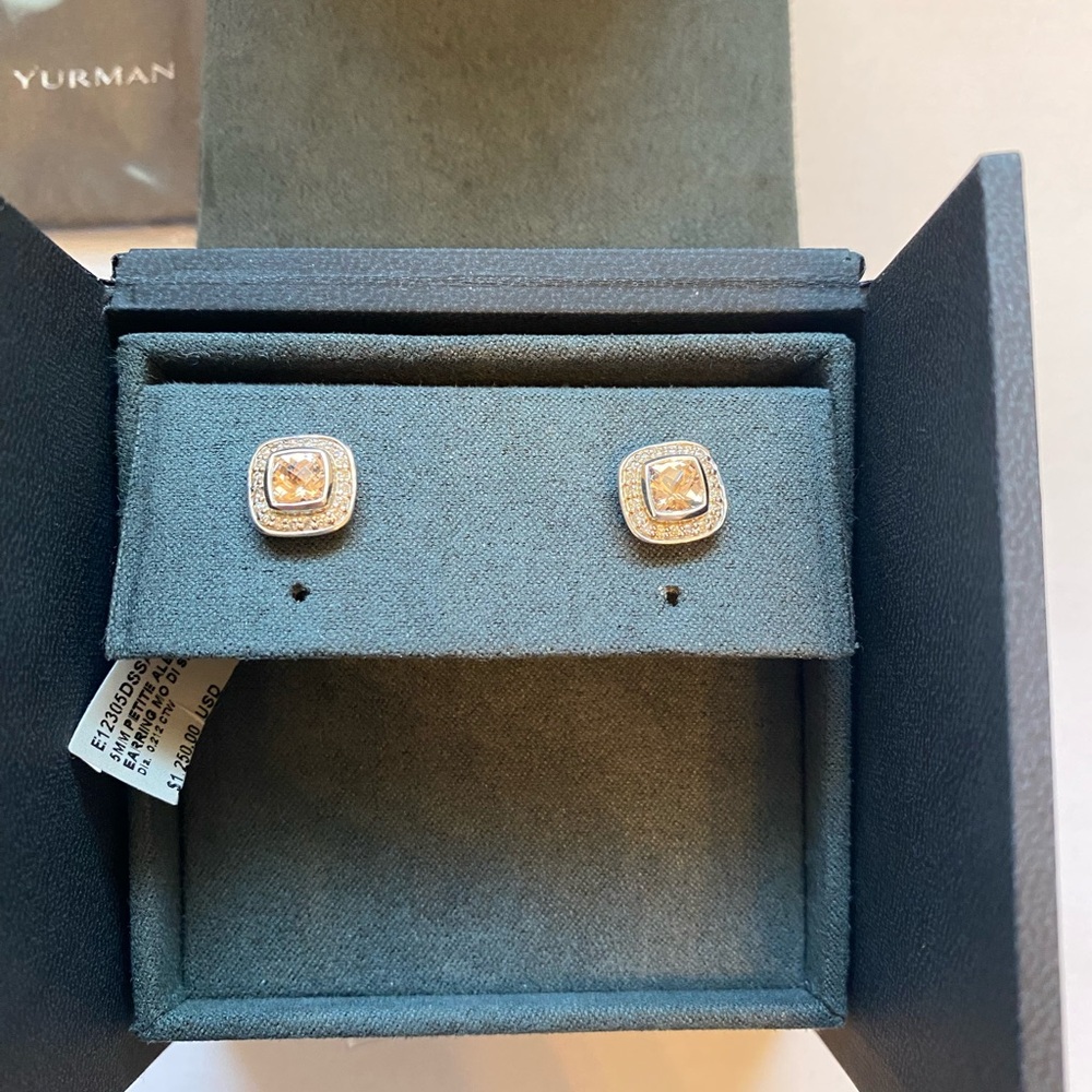 David Yurman 5mm Silver Petite Albion Earrings in pave diamonds and morganite